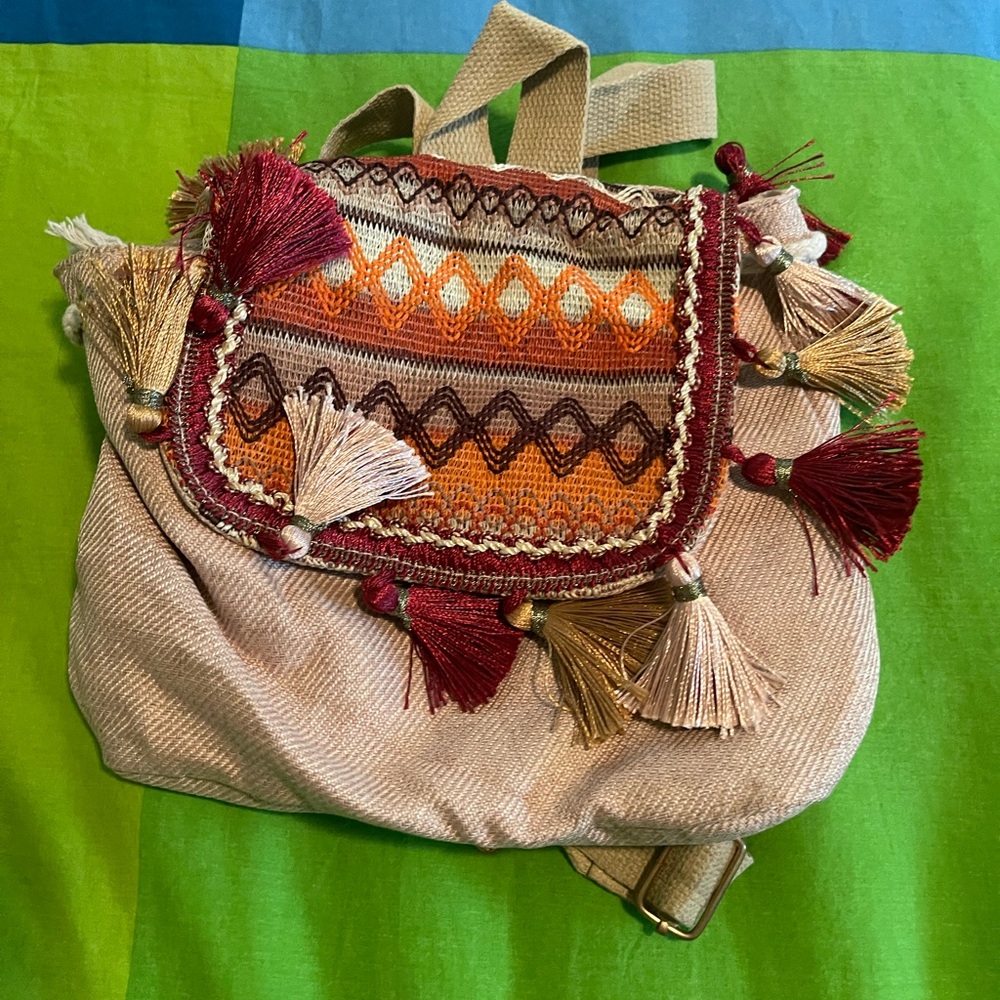 SHEIN Red and Orange Backpack with Bohemian Fringe